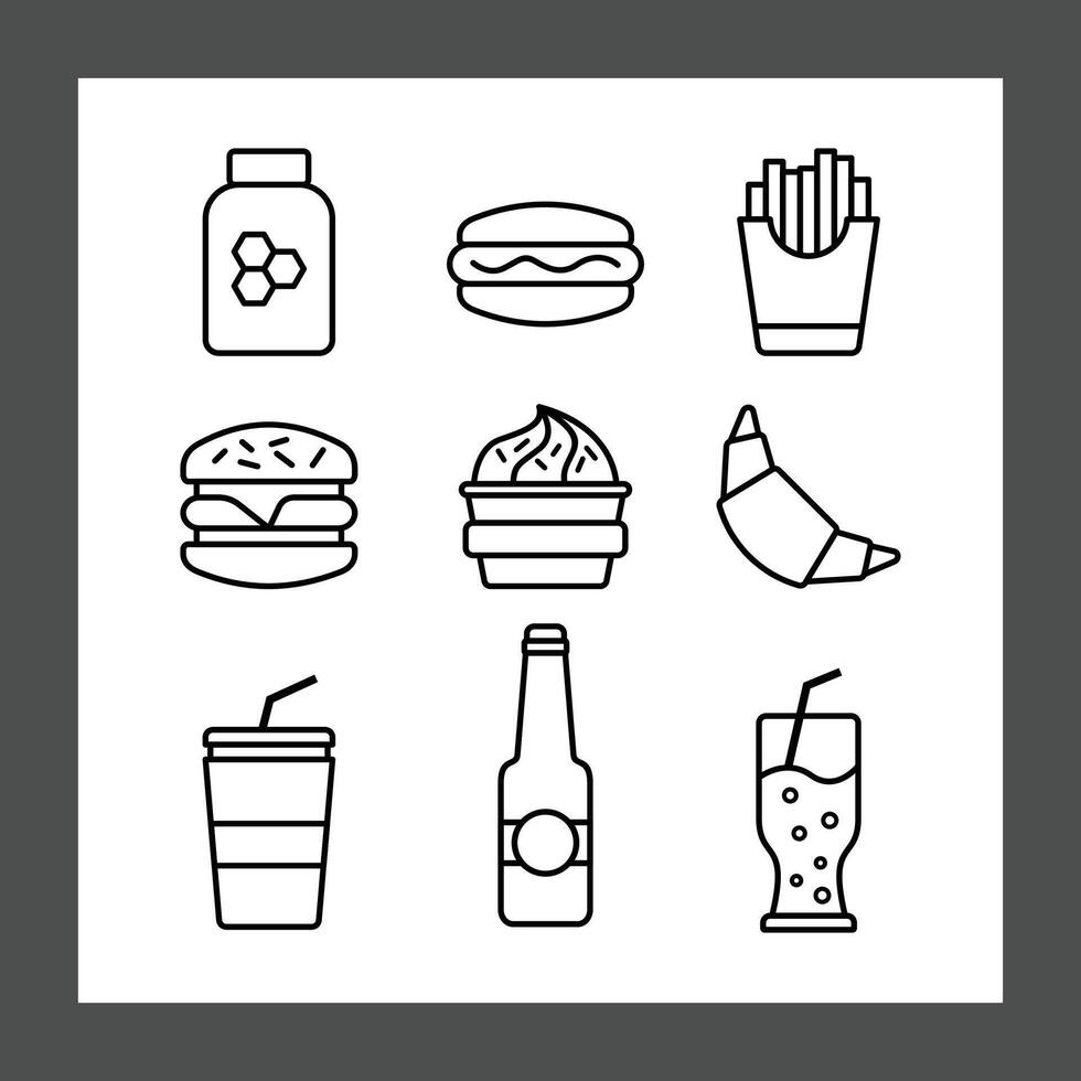 A grid of nine food and drink icons vector