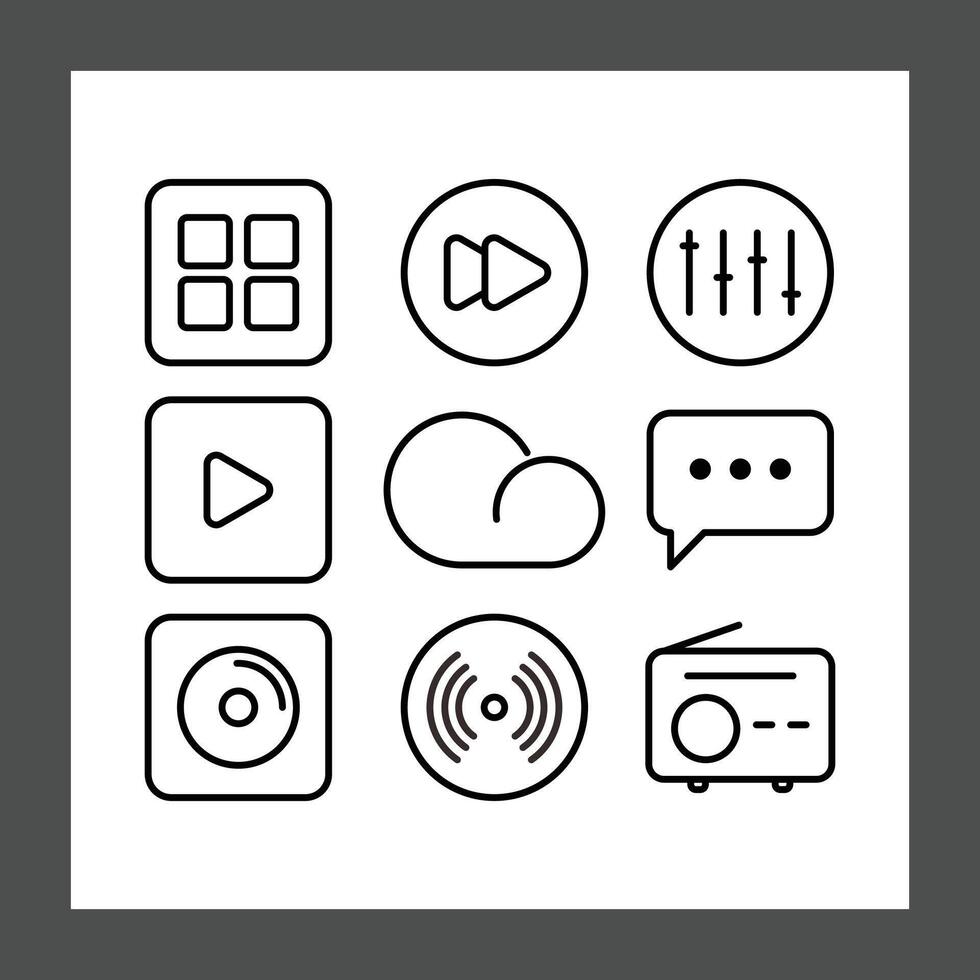 A grid of nine simple line icons related to media and music vector
