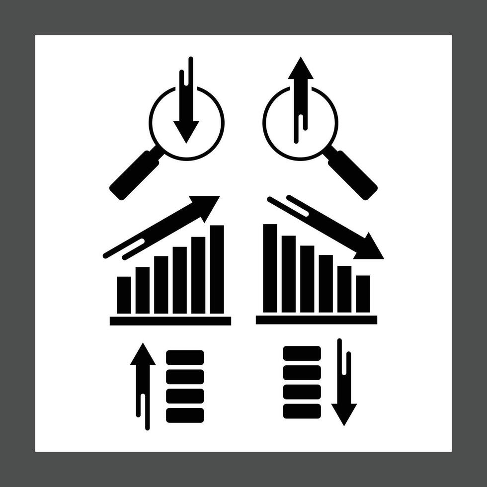 A graphic representation of various business graphs, including upward and downward trending bar charts, alongside magnifying glasses indicating analysis vector