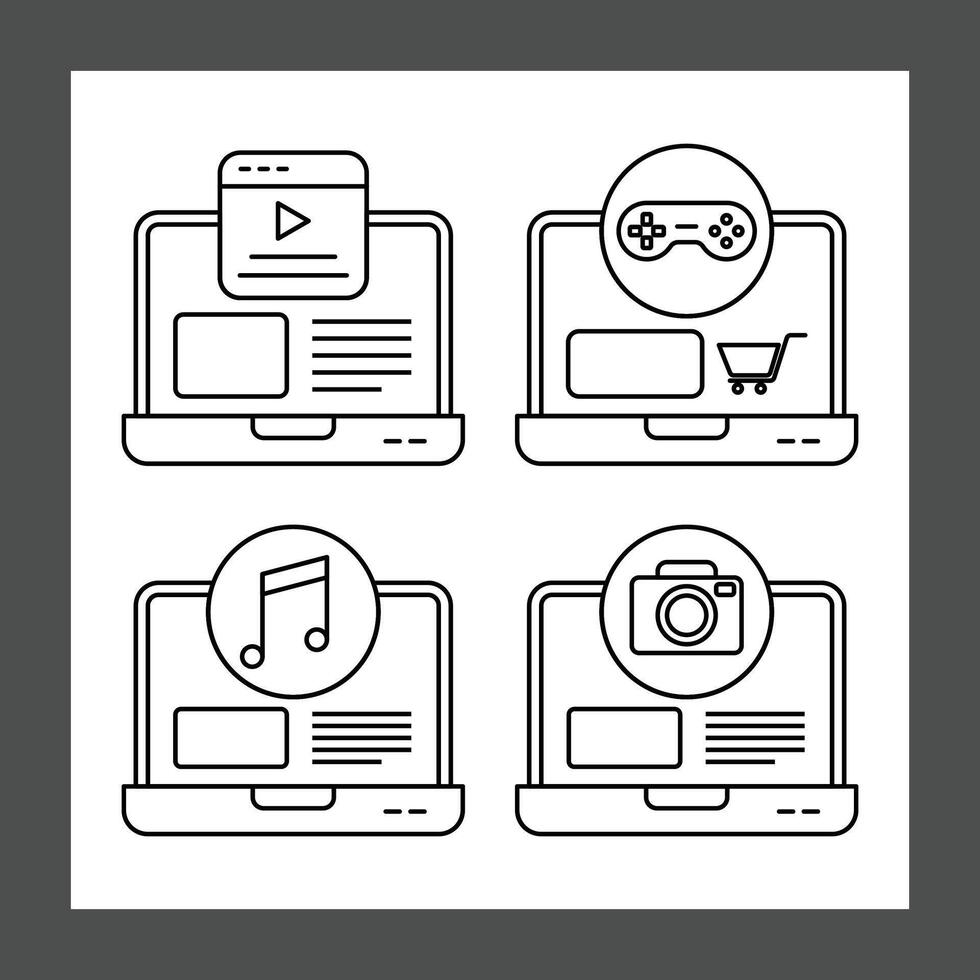 Four laptops arranged in a grid, each displaying different icons vector