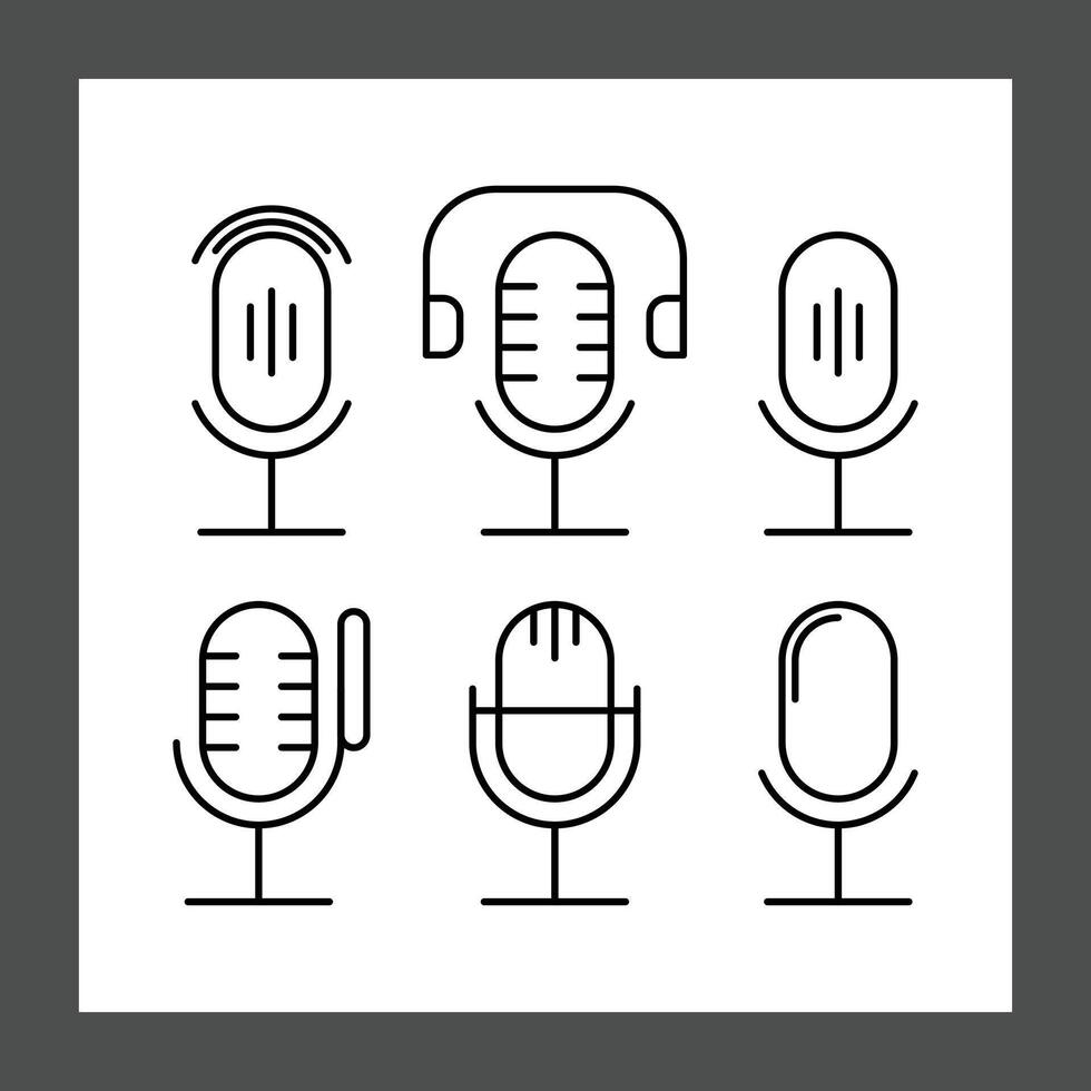 Six microphone icons arranged in a grid, each with a unique design. The icons are outlined in black on a white background, featuring various microphone styles including traditional, modern, and headse vector