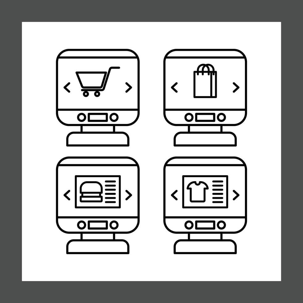 four icons depicting different types of online shopping displayed on computer screens vector