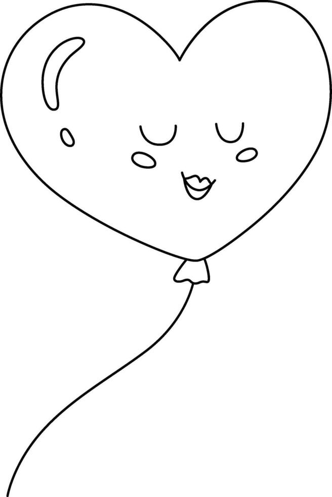 Heart Shaped Balloon With A Cute Smiling Face, Black Outline, Cartoon Illustration vector