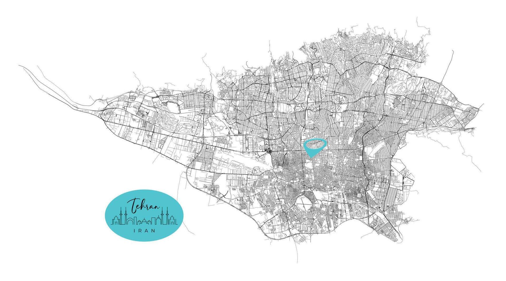 Tehran capital city of Iran,Urban Streets Roads Map with city center location pin, illustration element image vector