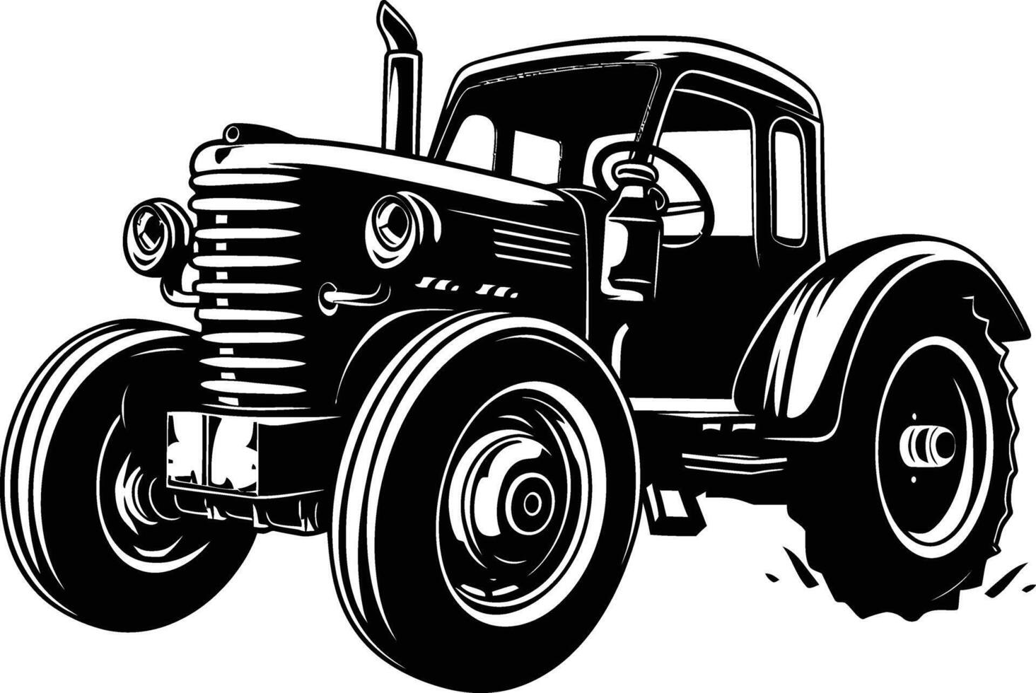 An old tractor is shown in black and white vector