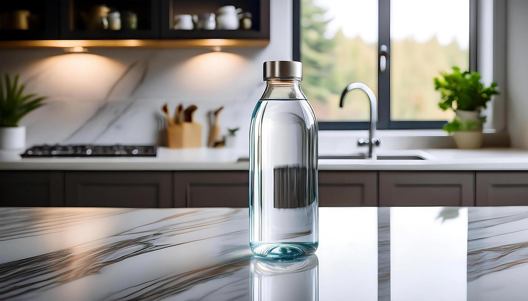 close up a bottle of clean water on table in modern kitchen photo