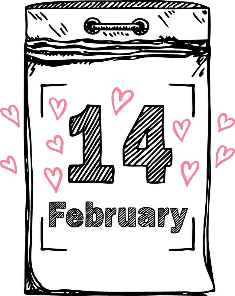 Calendar 14 February Valentine's day. Tear-off Calendar. Sketch image vector