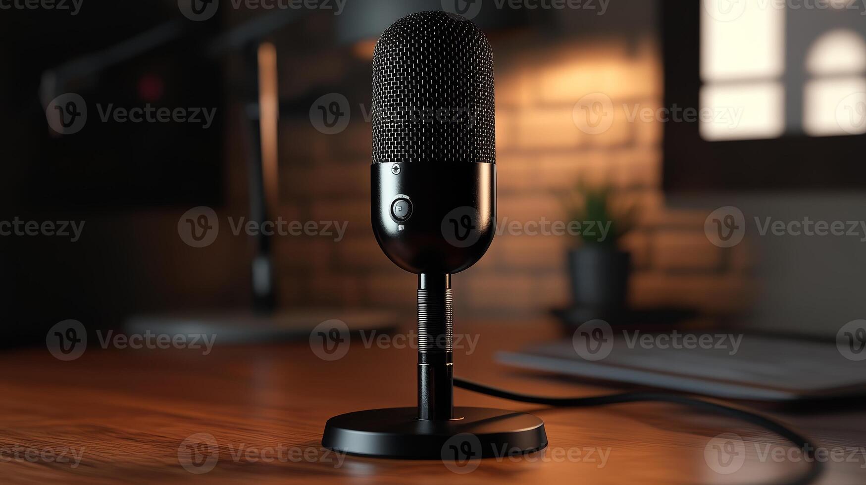 Professional Condenser Microphone on Desk Studio Setup for Podcast Vlogging Streaming photo