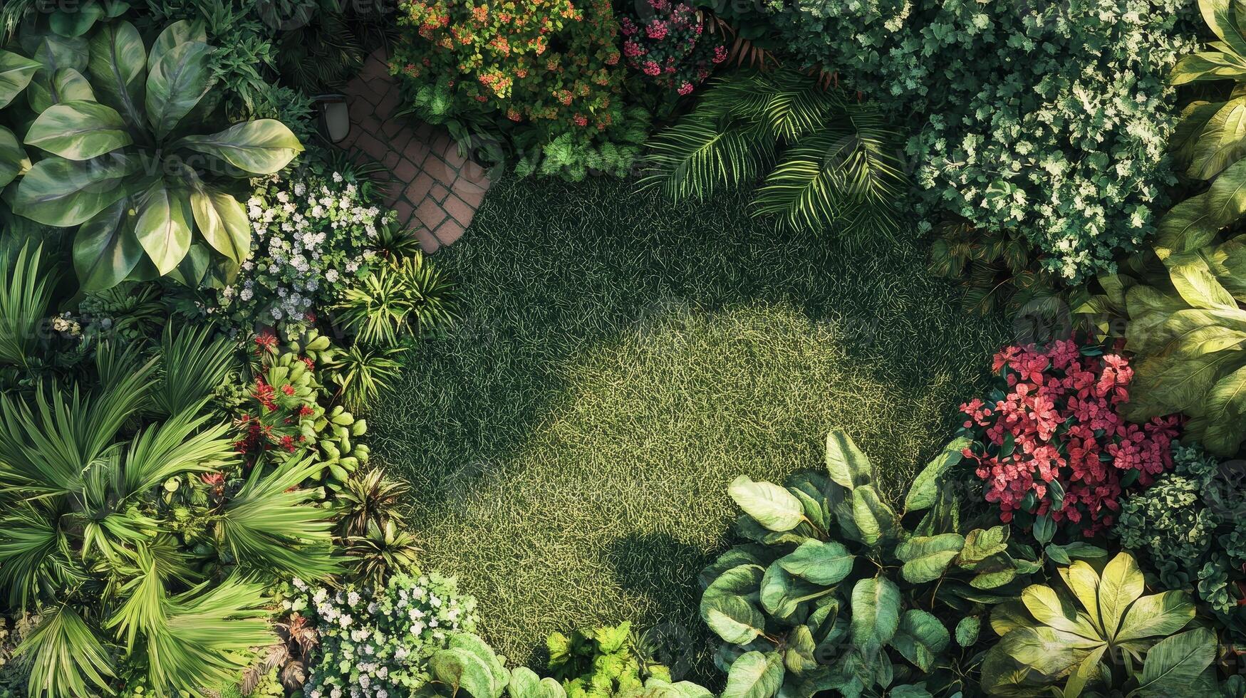 Lush Tropical Garden Backyard Aerial View Green Grass Flowers and Plants photo