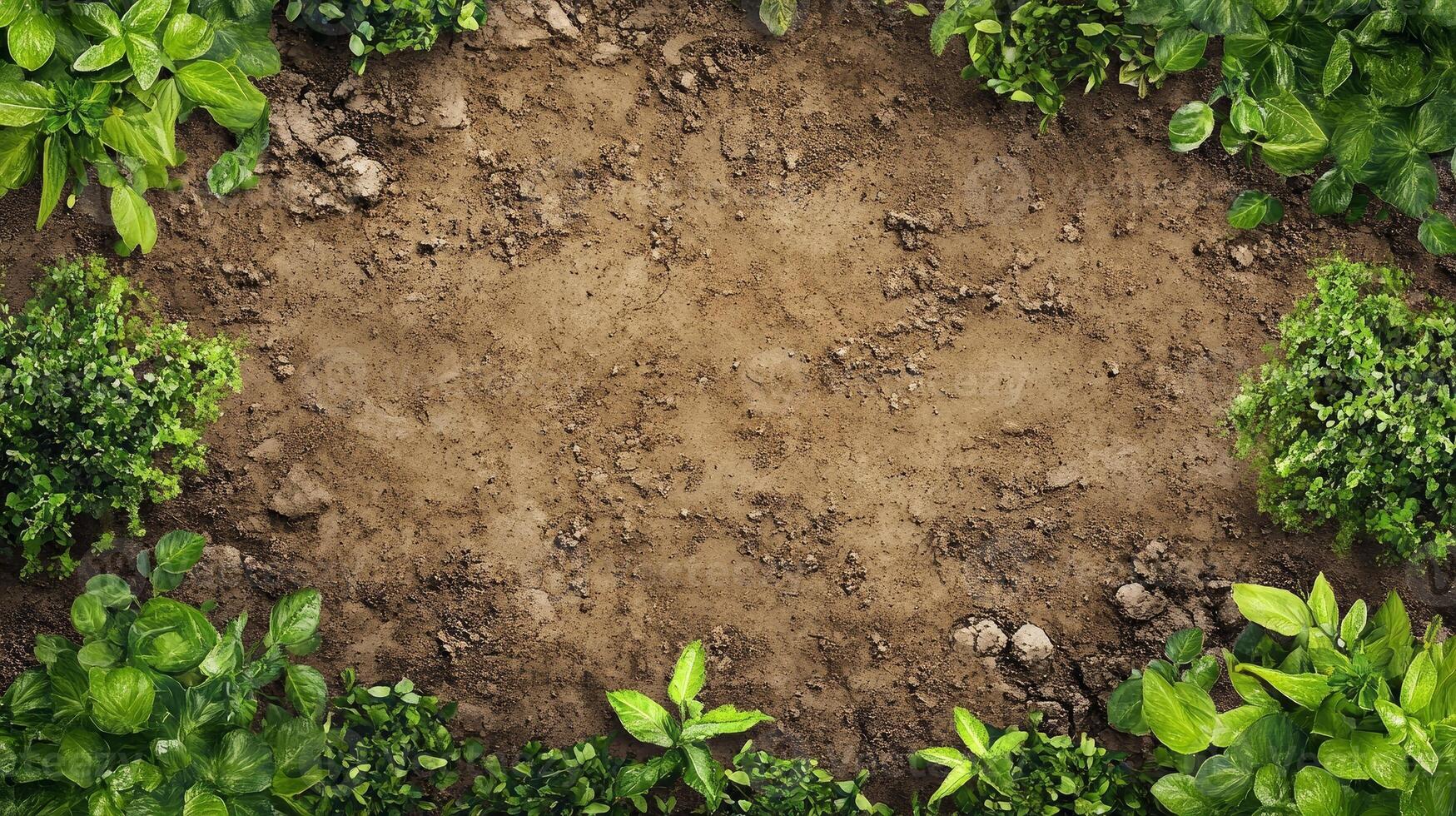 Lush Greenery Bordering Brown Soil Top View Garden Background photo