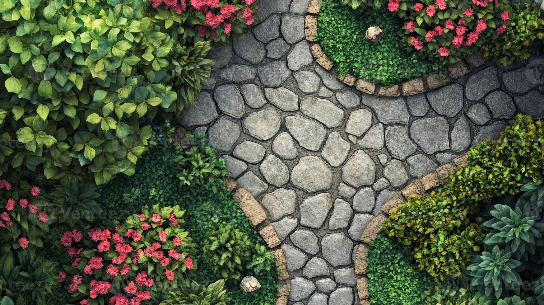 Aerial View of Cobblestone Pathway Winding Through Lush Garden with Flowers photo