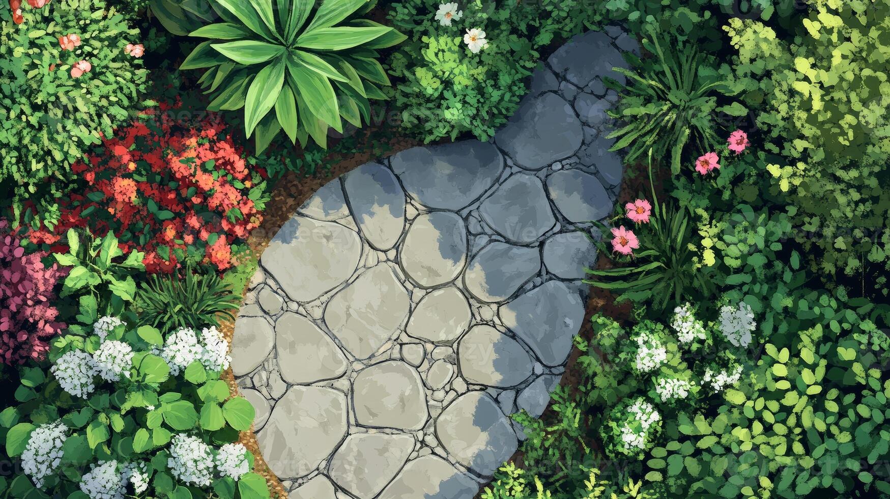 Aerial View of Stone Pathway in Lush Garden Semi Realistic Painting Style photo