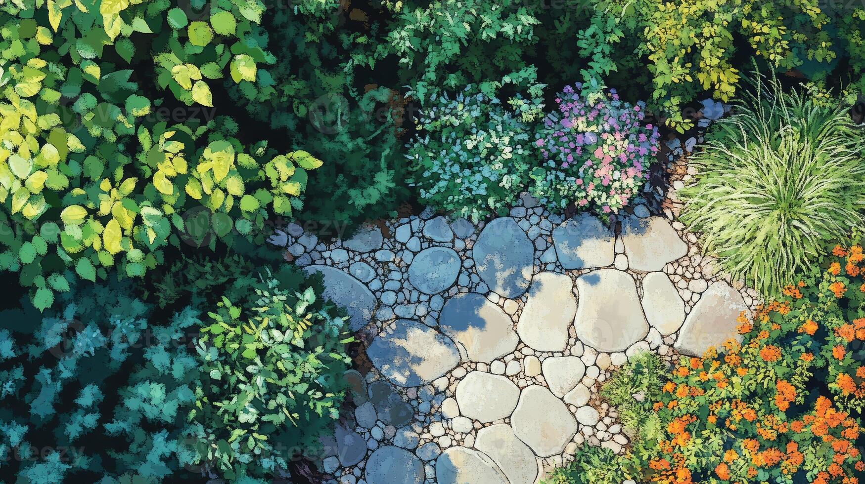 Aerial View of Stone Pathway in Lush Garden Summer Flowers Greenery Landscaping Design photo