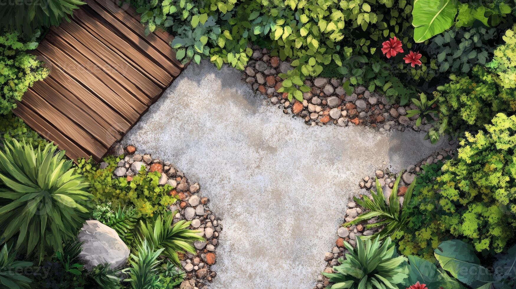 Top View Backyard Garden Path Stone Wood Plants Flowers Landscaping Design photo