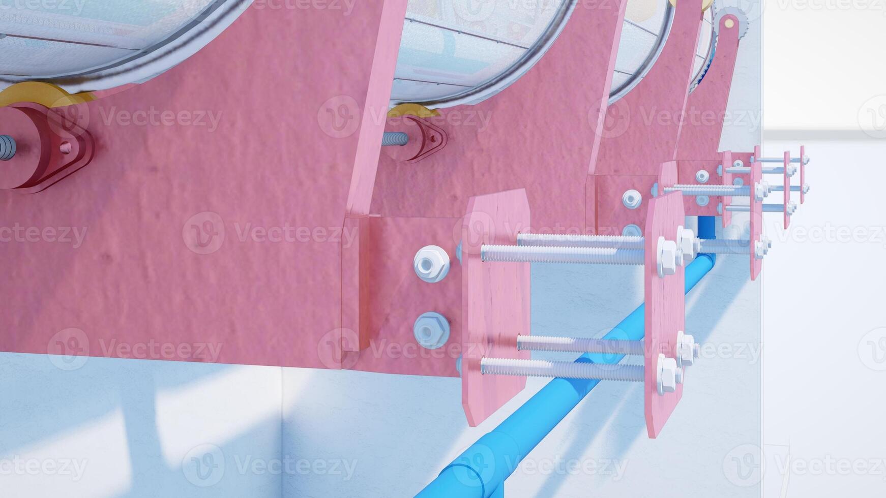 Pink Industrial Pipe Support System Detailed close-up of a robust pink industrial pipe support system, showcasing its intricate design and secure fastening. photo
