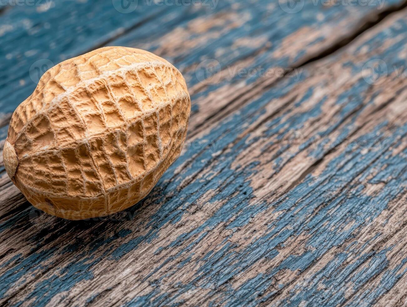 Single peanut in shell on rustic wooden surface photo