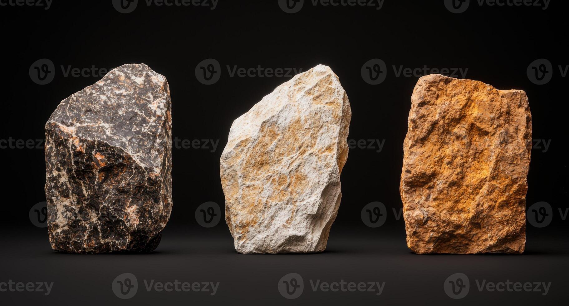 Three different types of rocks on a black background photo