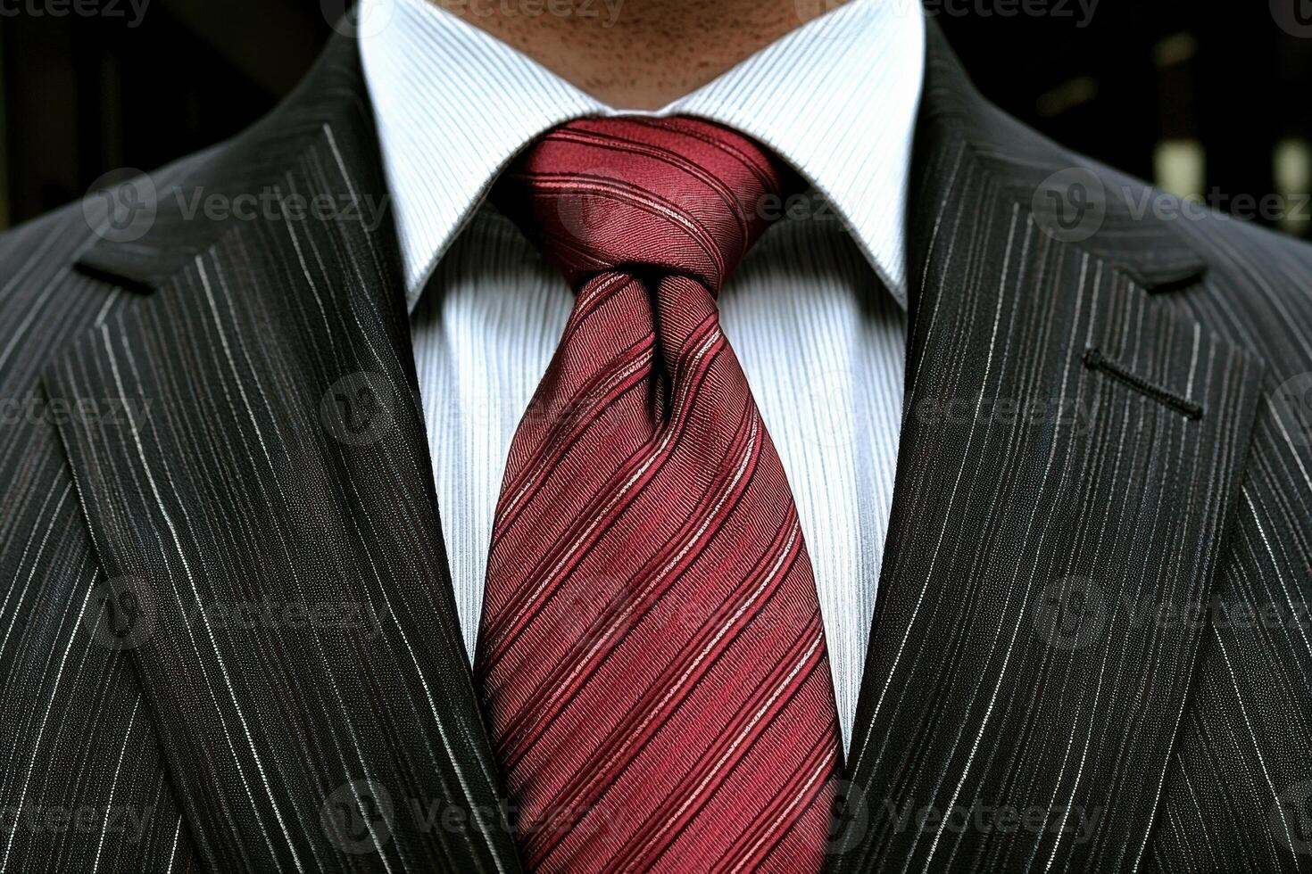 Close up of a man in a dark pinstripe suit and red tie photo