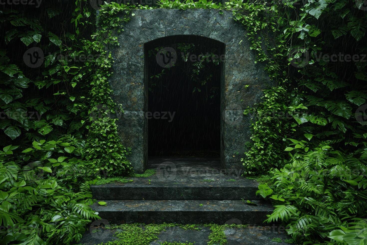 Mysterious stone archway overgrown with lush green foliage in a rainforest photo