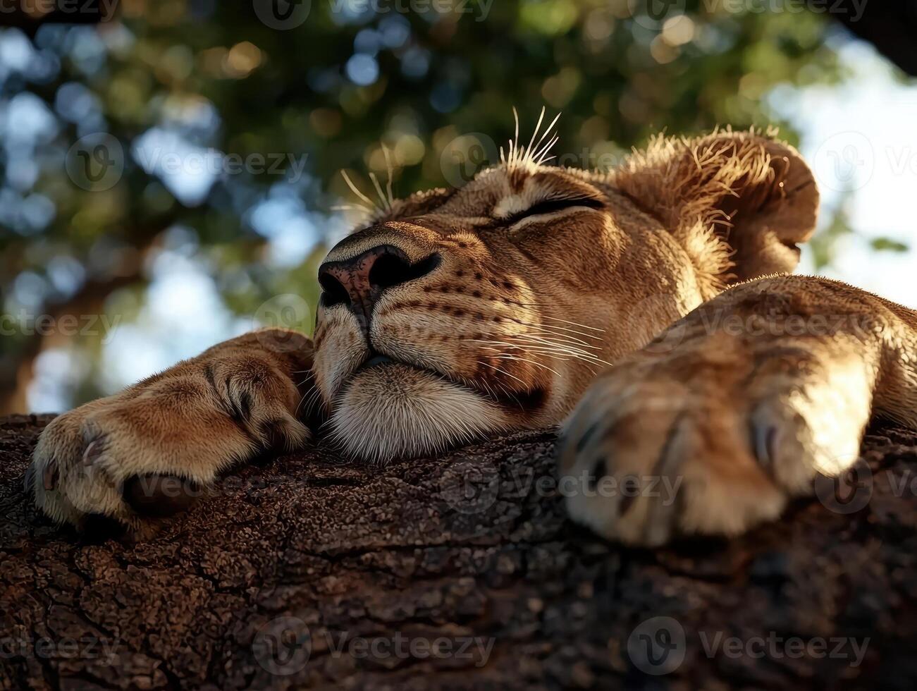 Lion cub sleeping peacefully on a tree branch photo
