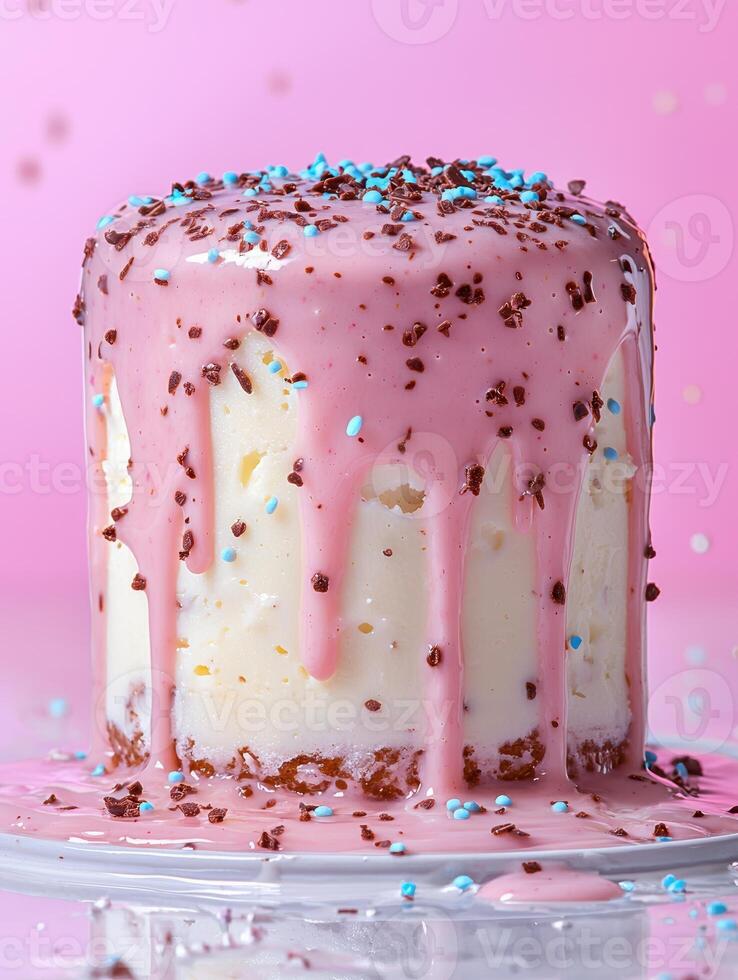 Delicious mini cake with pink icing and sprinkles photo