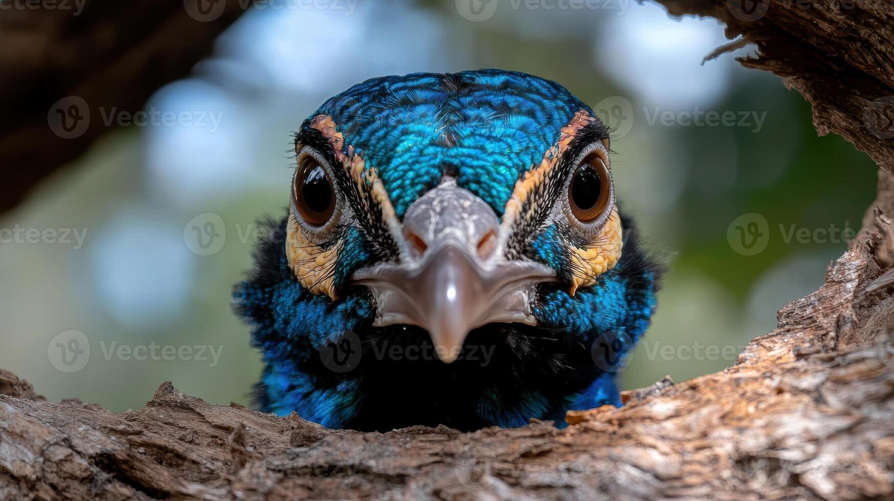 Close up of a peacocks face peering through a tree photo