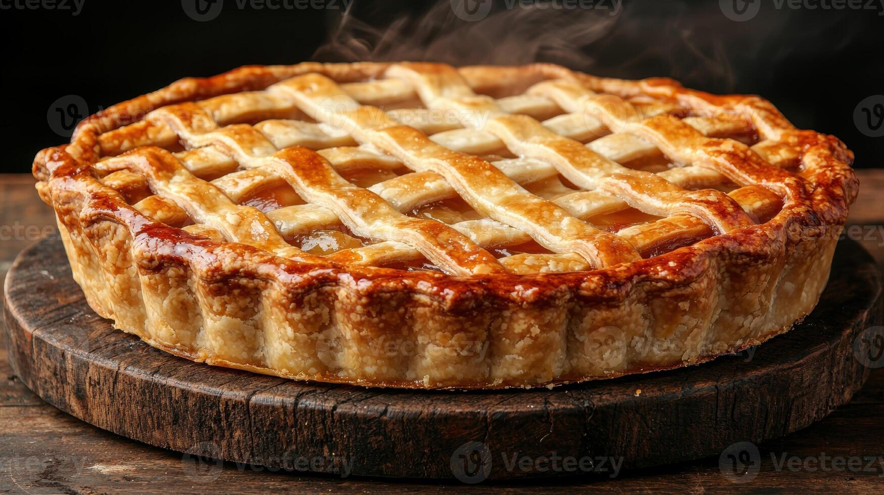 A freshly baked apple pie with a lattice crust sits on a wooden board photo