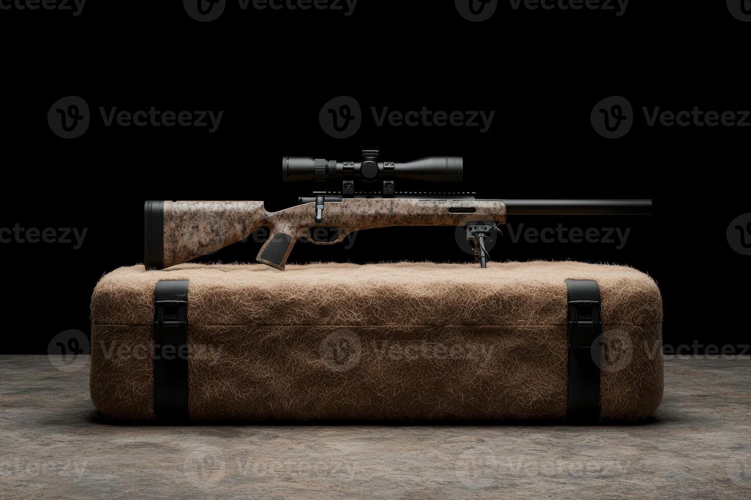 Close up of a hunting rifle on a textured surface photo