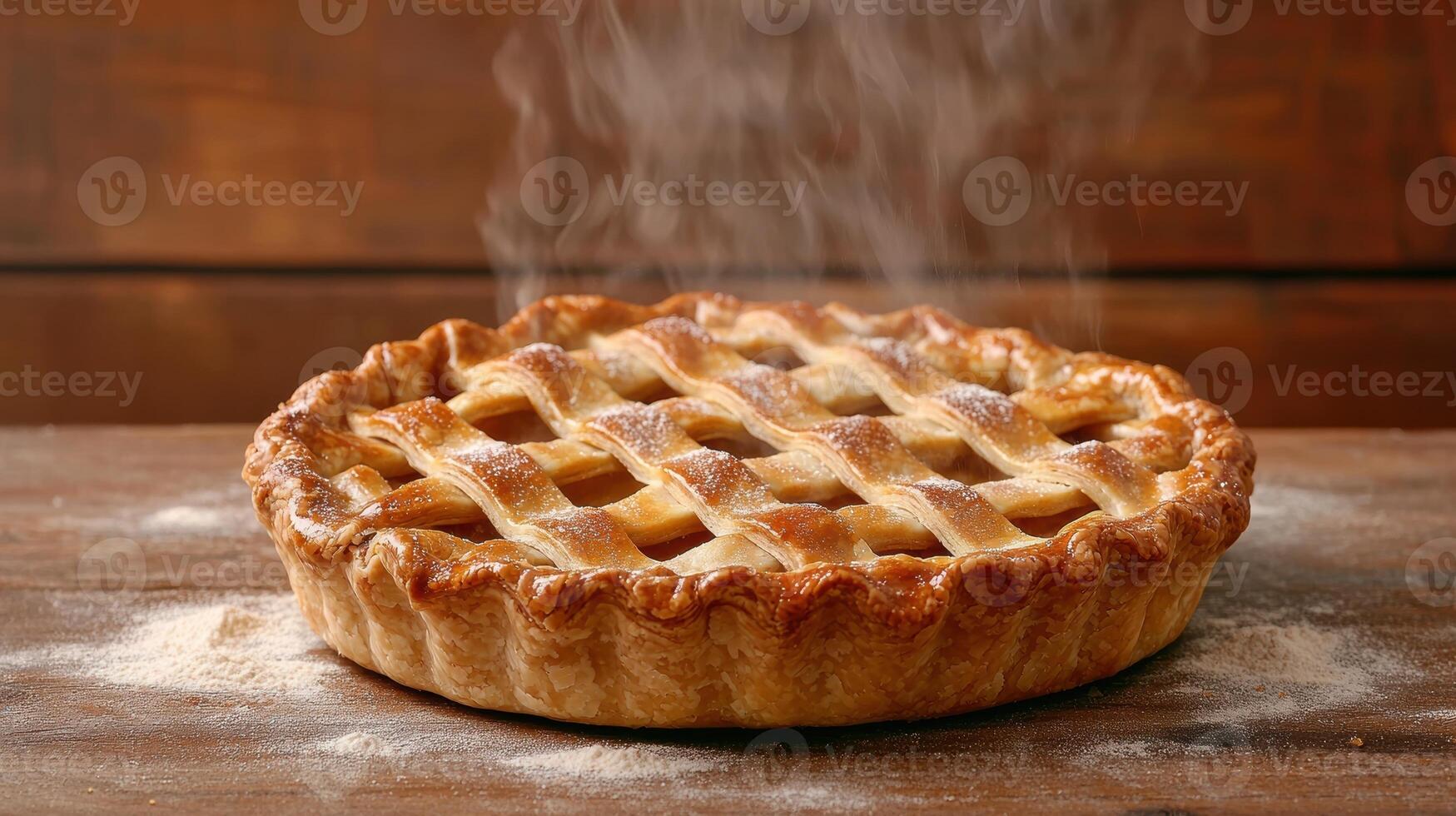A freshly baked apple pie with a lattice crust, cooling on a wooden table photo