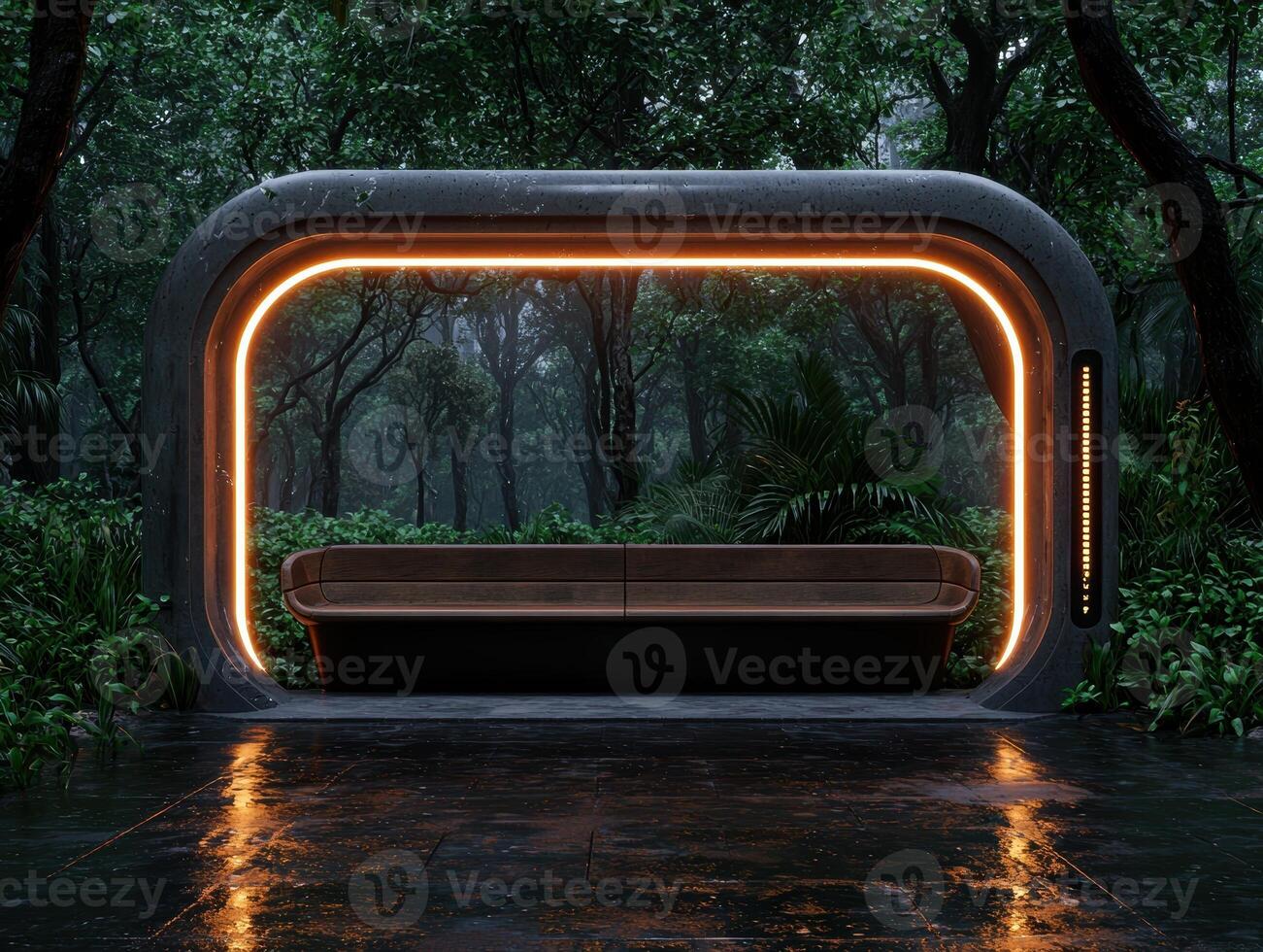 Futuristic bench in a mystical forest at night photo