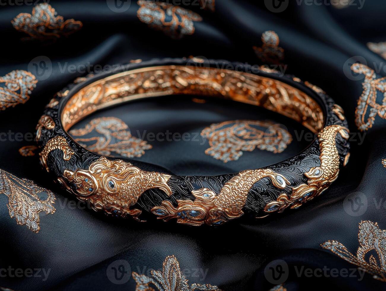 Luxury gold and black bracelet with blue gemstones photo