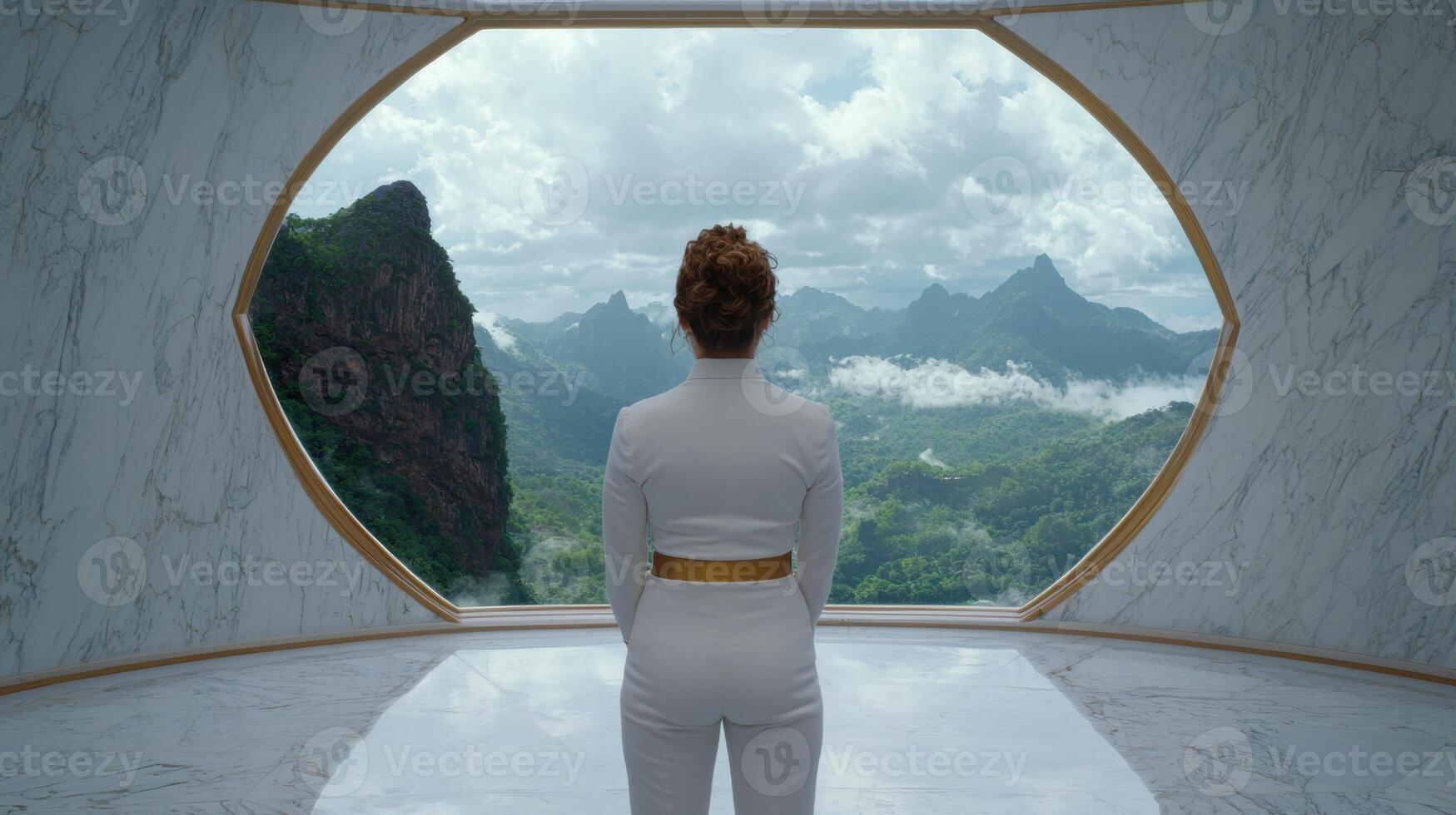 Woman in white suit looking at mountain view from large window photo