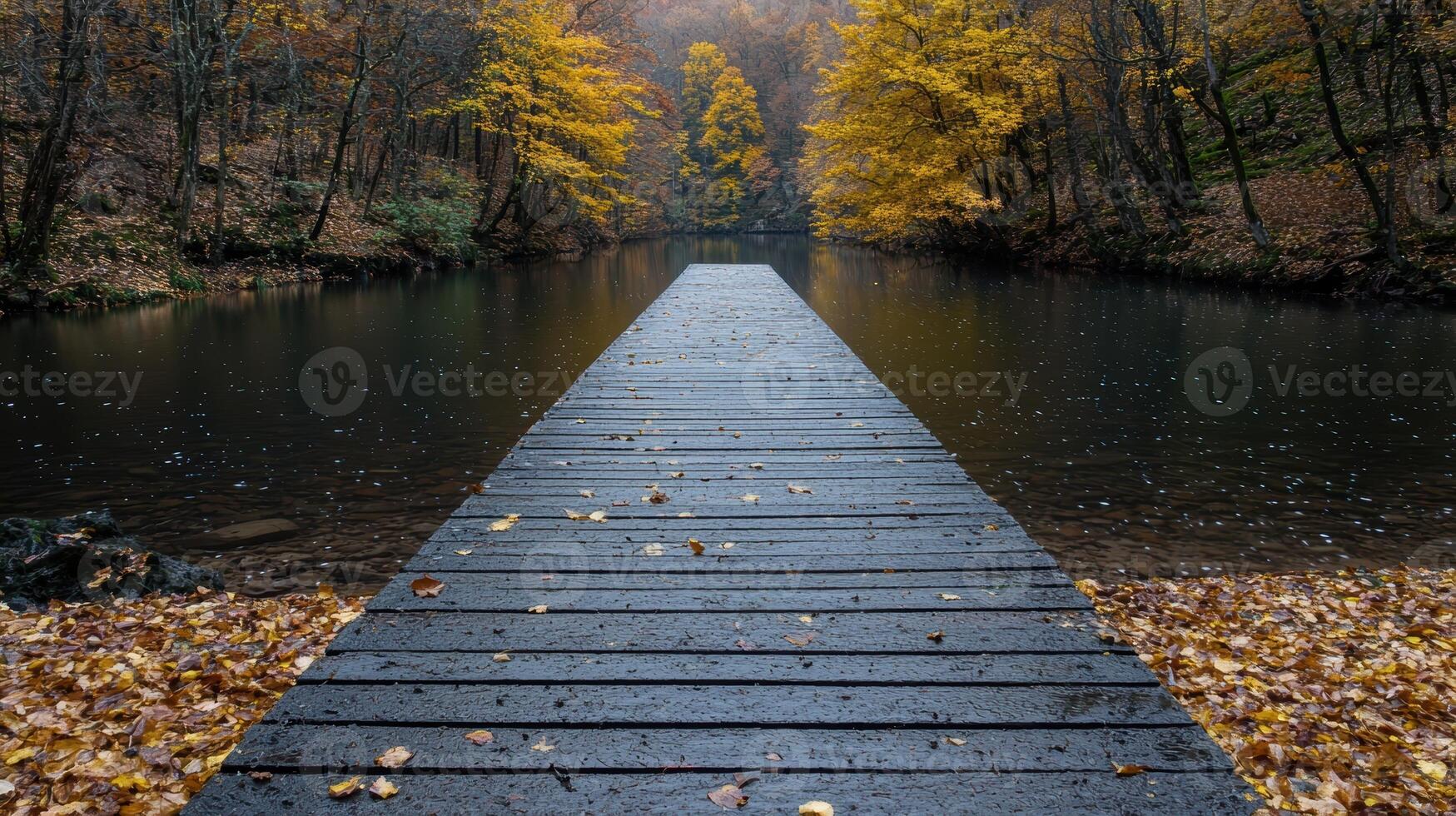 Wooden dock extending into calm lake surrounded by autumn trees photo