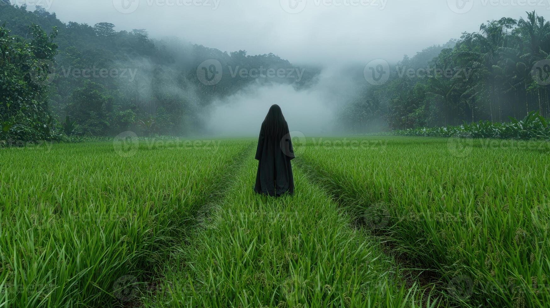 Person in black robe standing in a misty green field photo