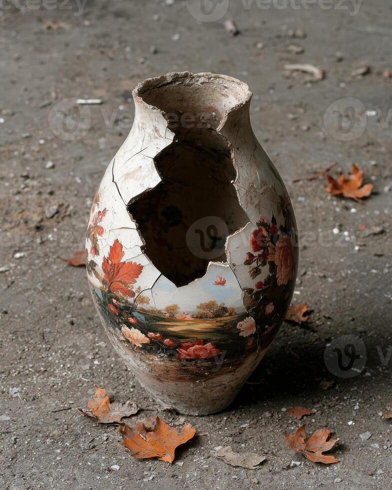 Broken vintage vase with floral pattern on the ground photo