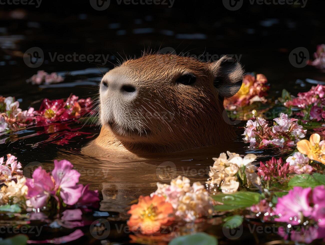 Capybara relaxing in a bath of flowers photo