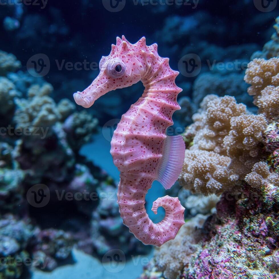 Bright pink seahorse in coral reef. photo