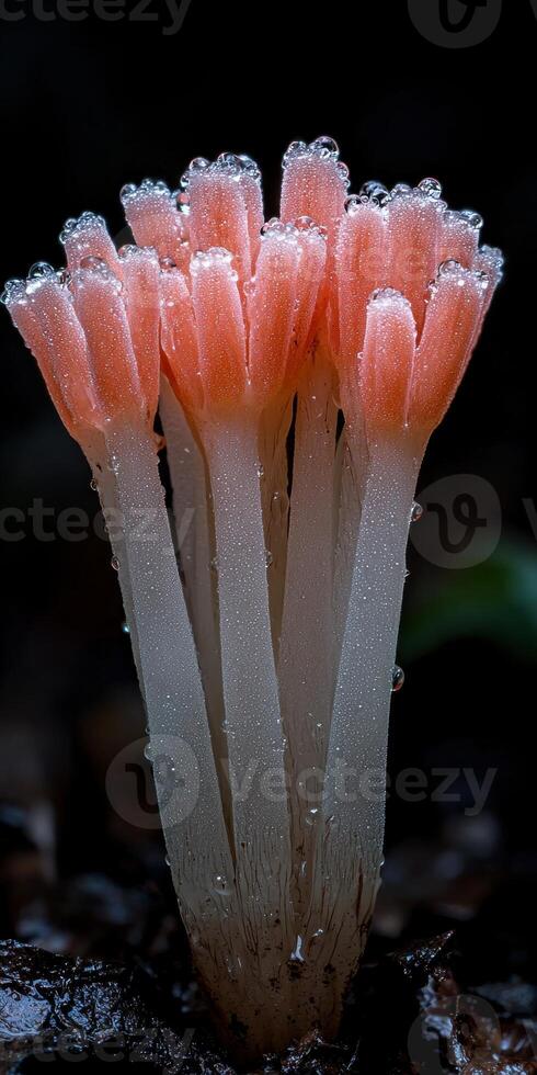 Closeup of a cluster of vibrant pink mushrooms glistening with dew drops photo
