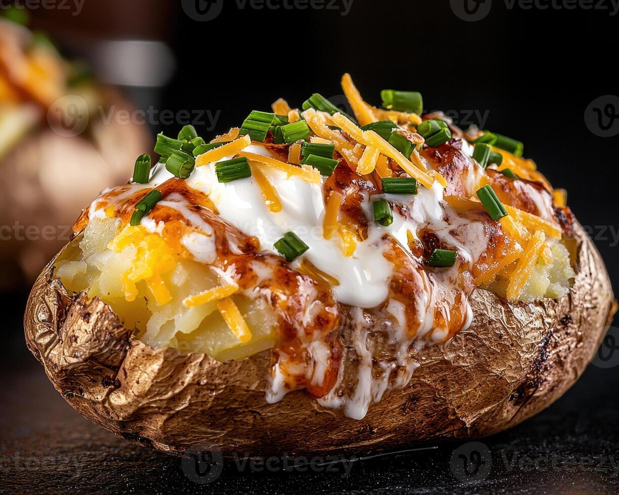 Loaded baked potato with cheese, bacon bits, sour cream and chives photo