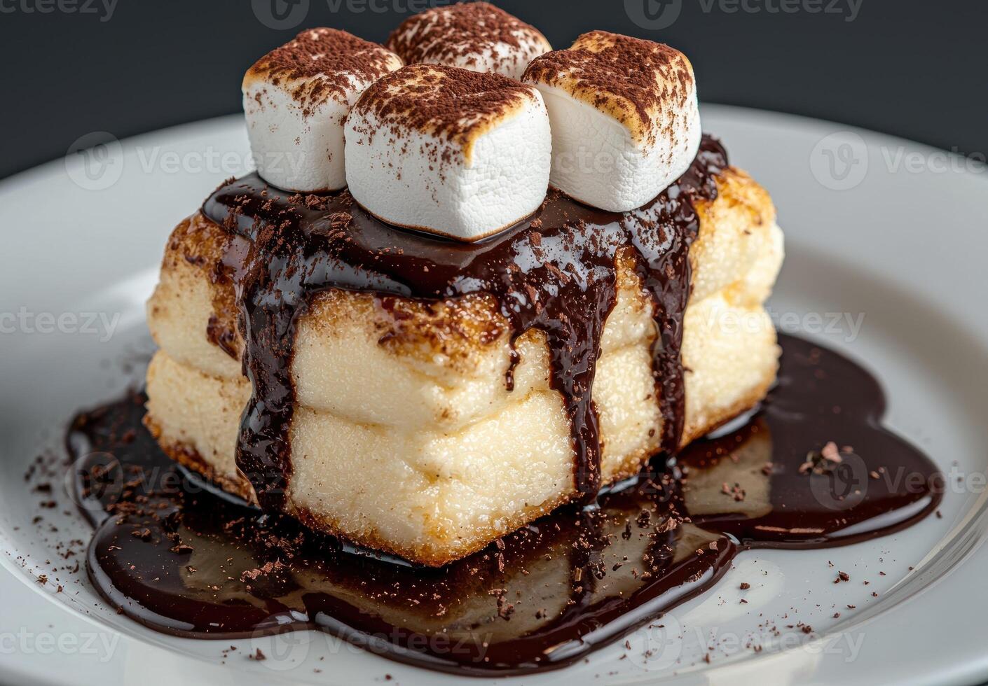 Delicious dessert with marshmallows and chocolate sauce photo