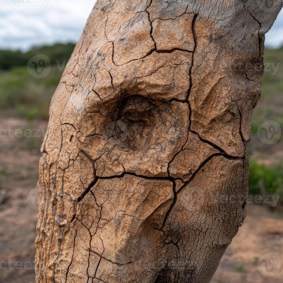 Close up of cracked, weathered tree trunk resembling a face photo