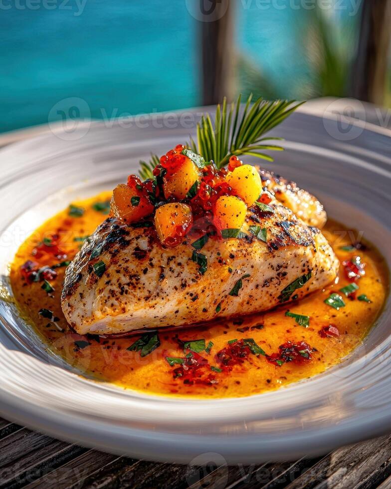 Grilled fish with mango salsa and citrus sauce photo
