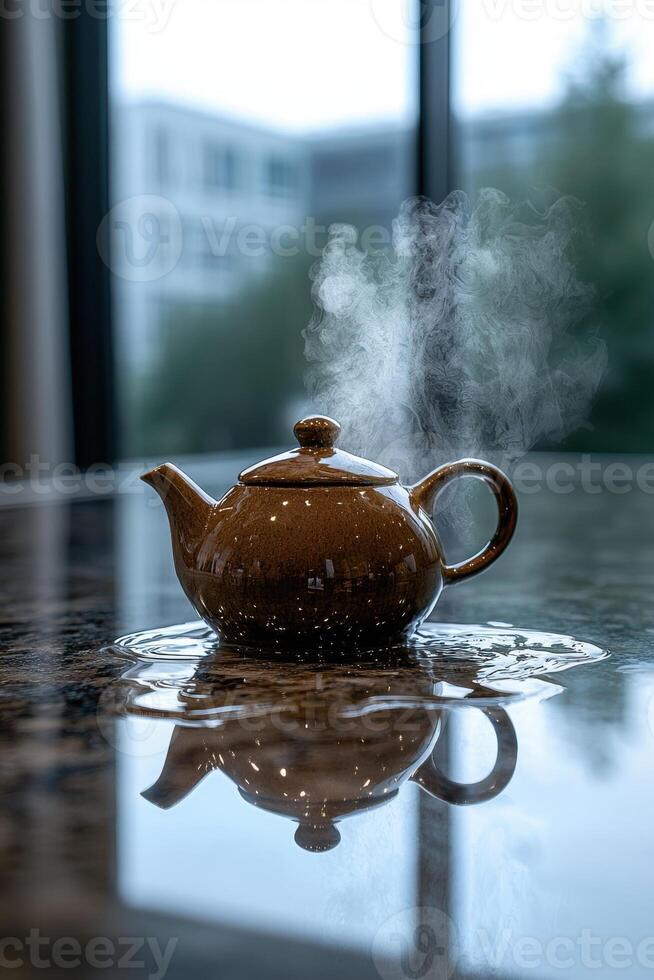 Steaming teapot on a wet countertop photo