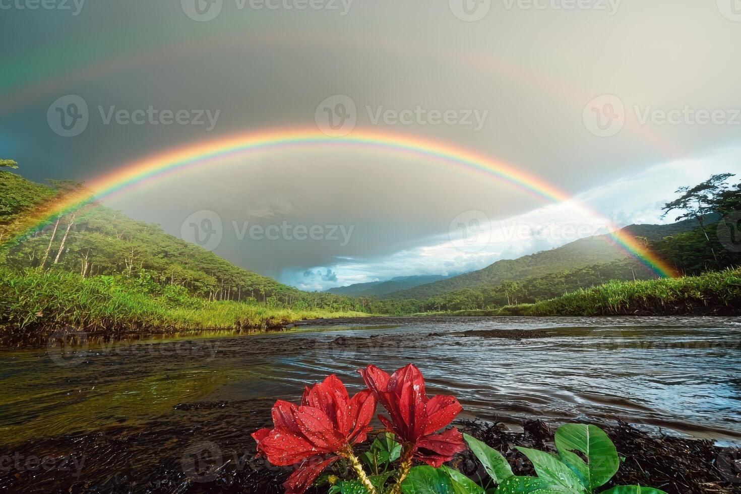 Rainbow over river and rainforest with red flowers photo
