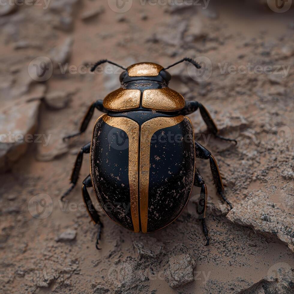 Closeup of a golden beetle on a rocky surface photo