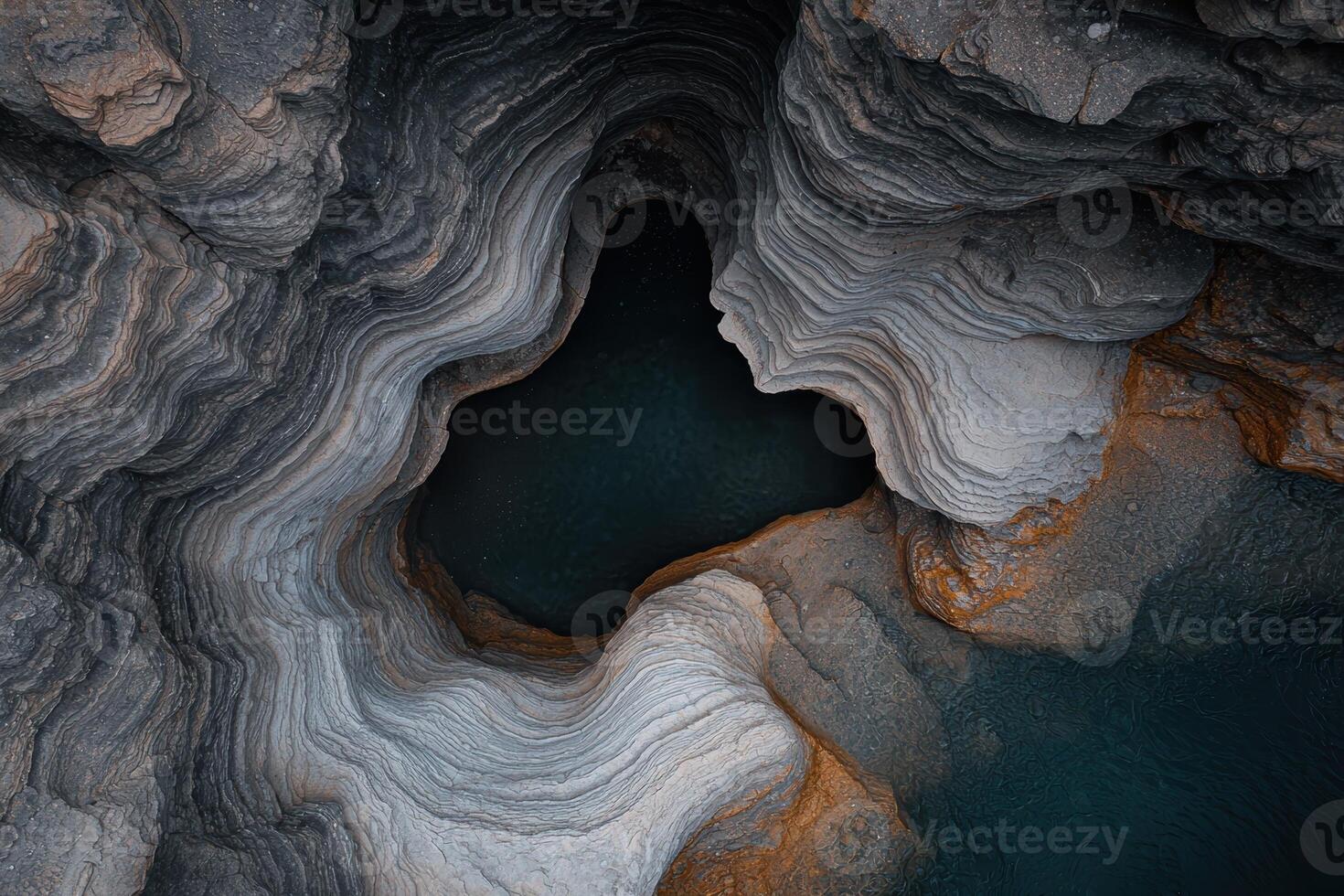 Abstract aerial view of a natural rock formation with a pool of water photo