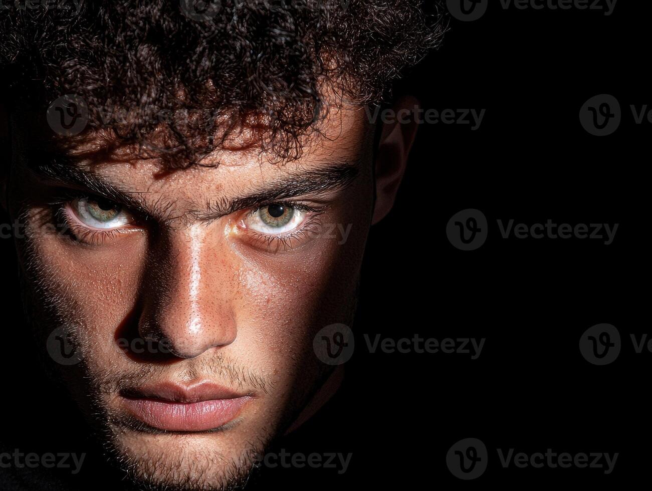 Close up portrait of a young man with intense eyes photo