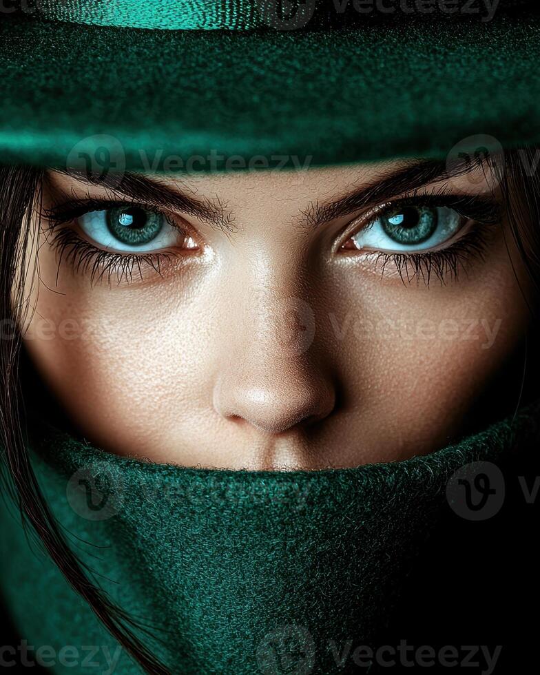 Close up portrait of a woman with striking green eyes, partially covered by a green scarf and hat photo