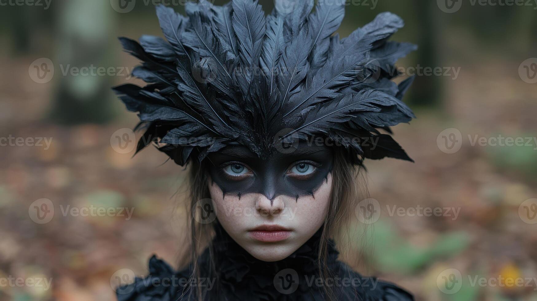 Mysterious girl in a crow headdress and mask photo