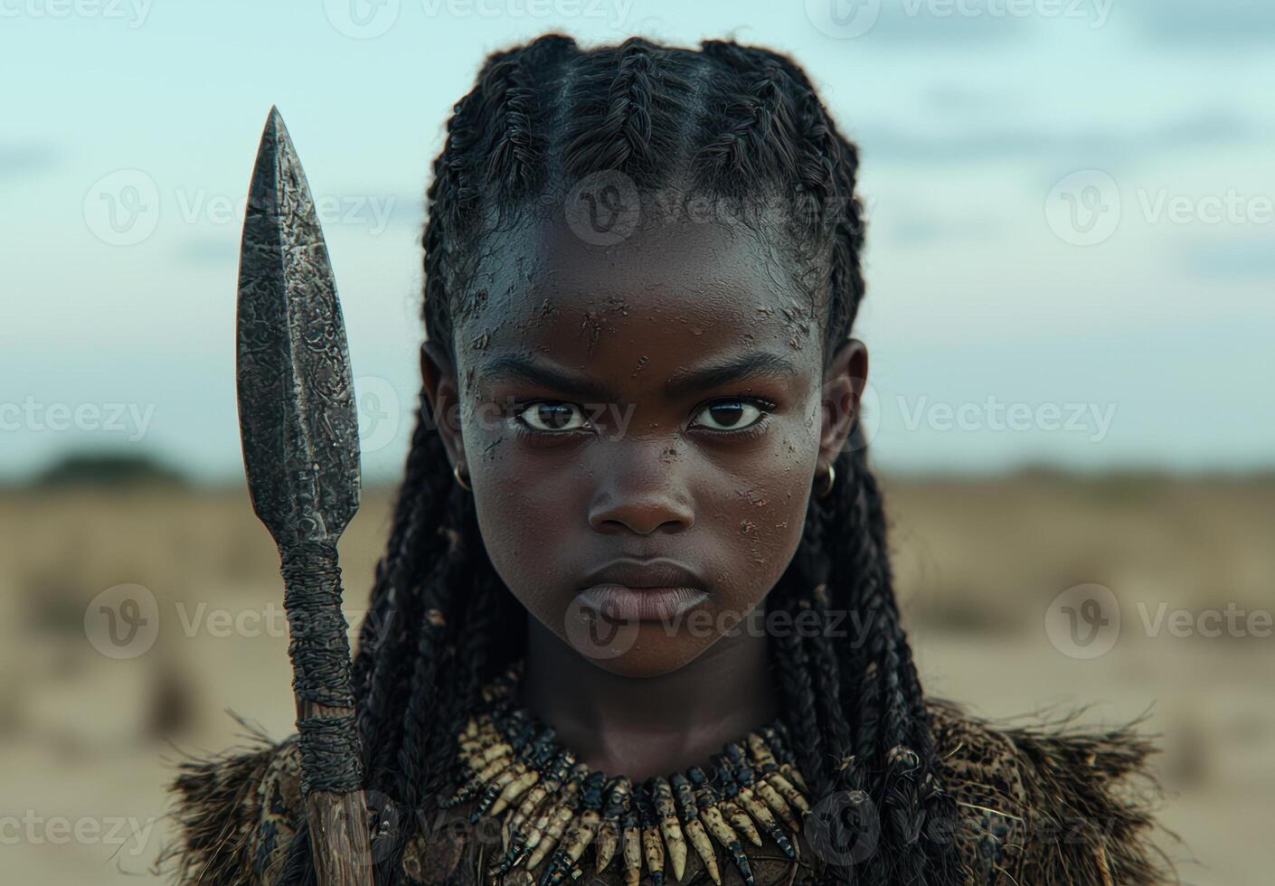 Brave young warrior girl with spear photo